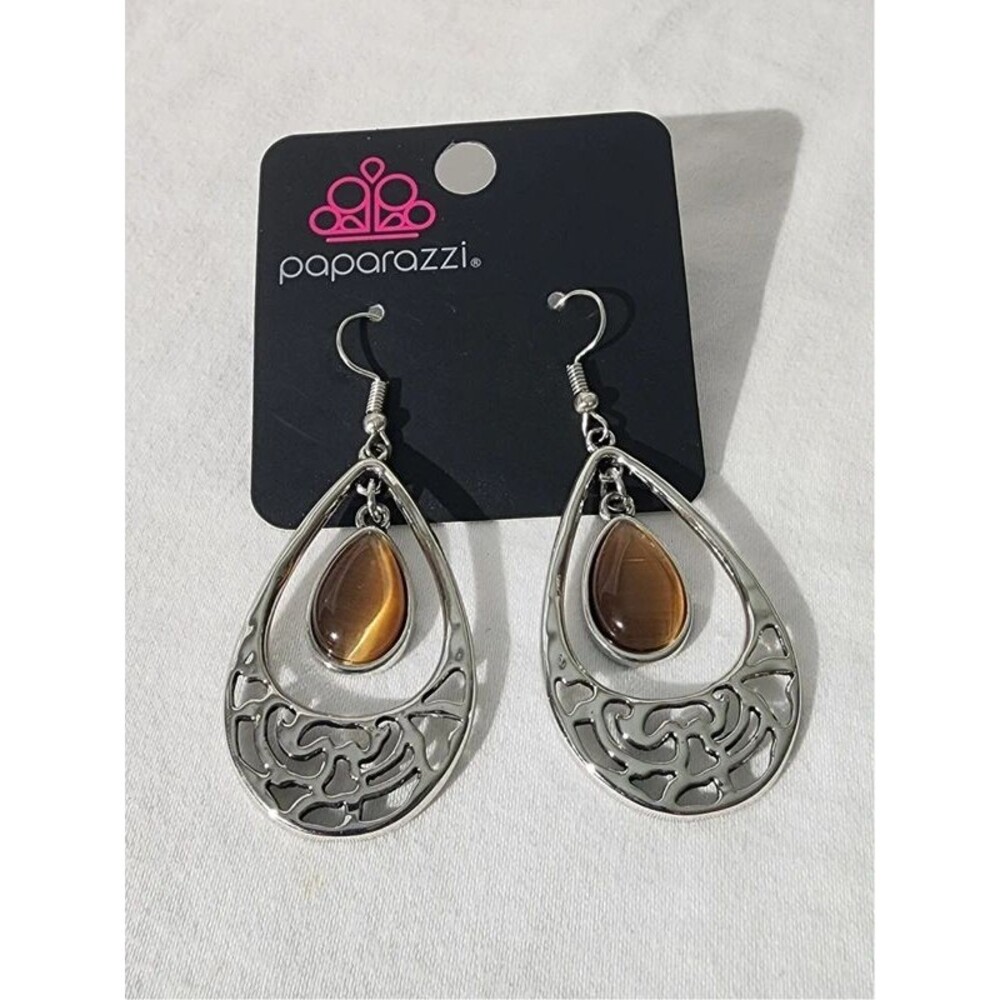 Paparazzi Silver Brown Tiger Eye Teardrop Dangle Earrings Filigree Cutout